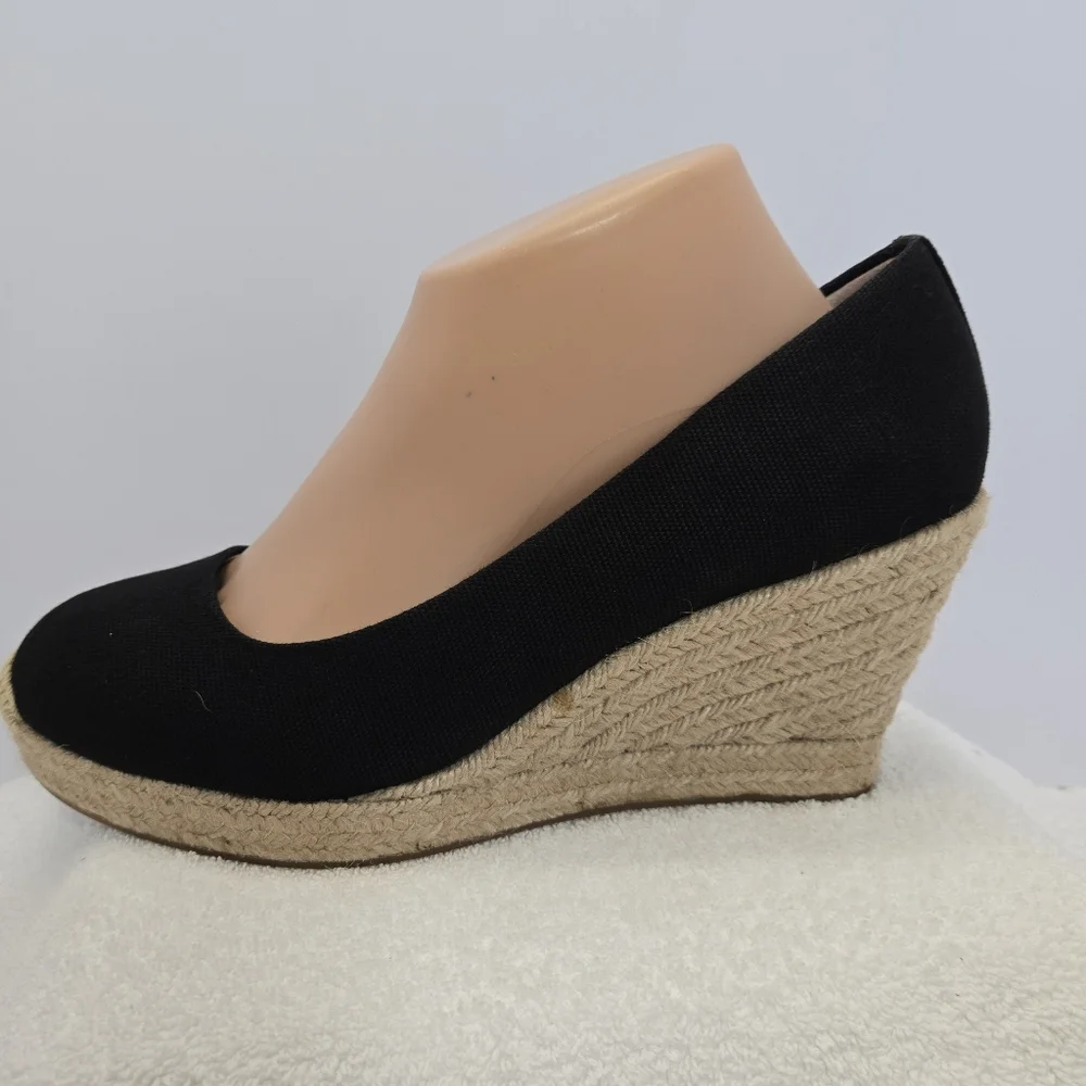 J. Crew Seville Espadrille Wedges Black Round Cap Toe Size 9 Platform Canvas